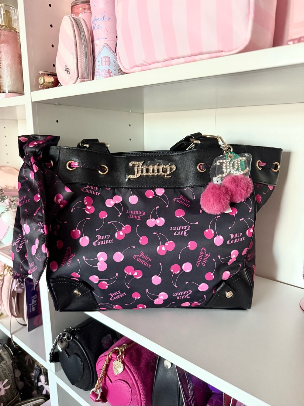 Juicy Couture “Sweet Cherry” Black Tote with Pink Cherry Print and Pom-Pom Charm